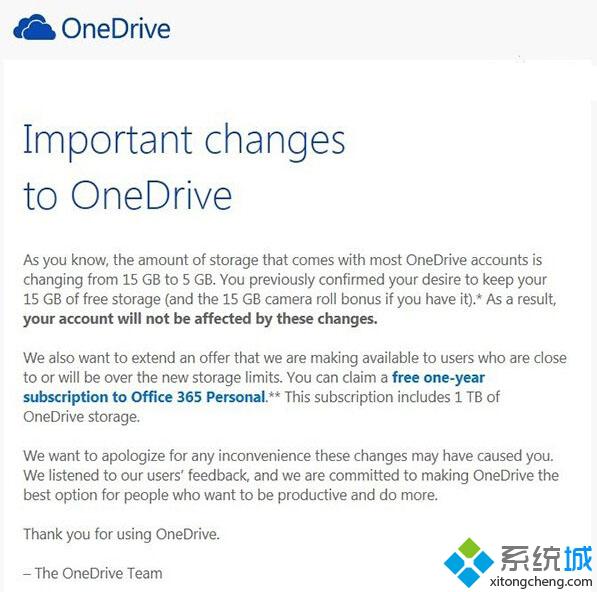 win10 OneDrive容量缩水，用户可免费用一年Office 365